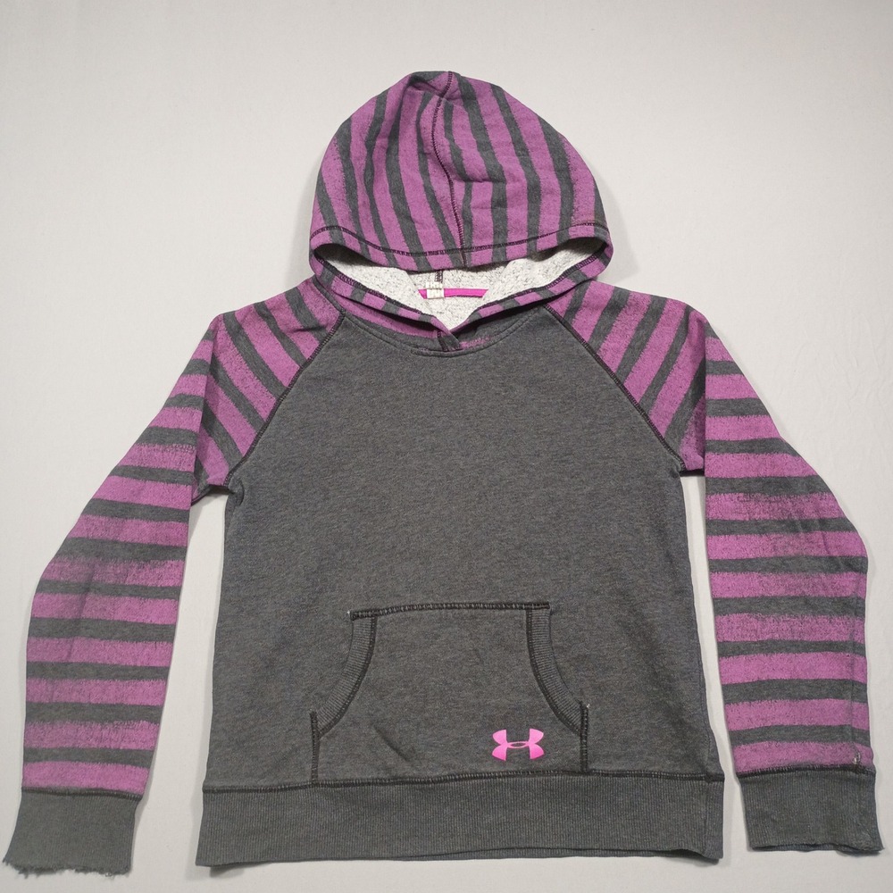 Under Armour Hoodie Kids M Striped Raglan Sleeve Pullover Grey Purple 1259845
